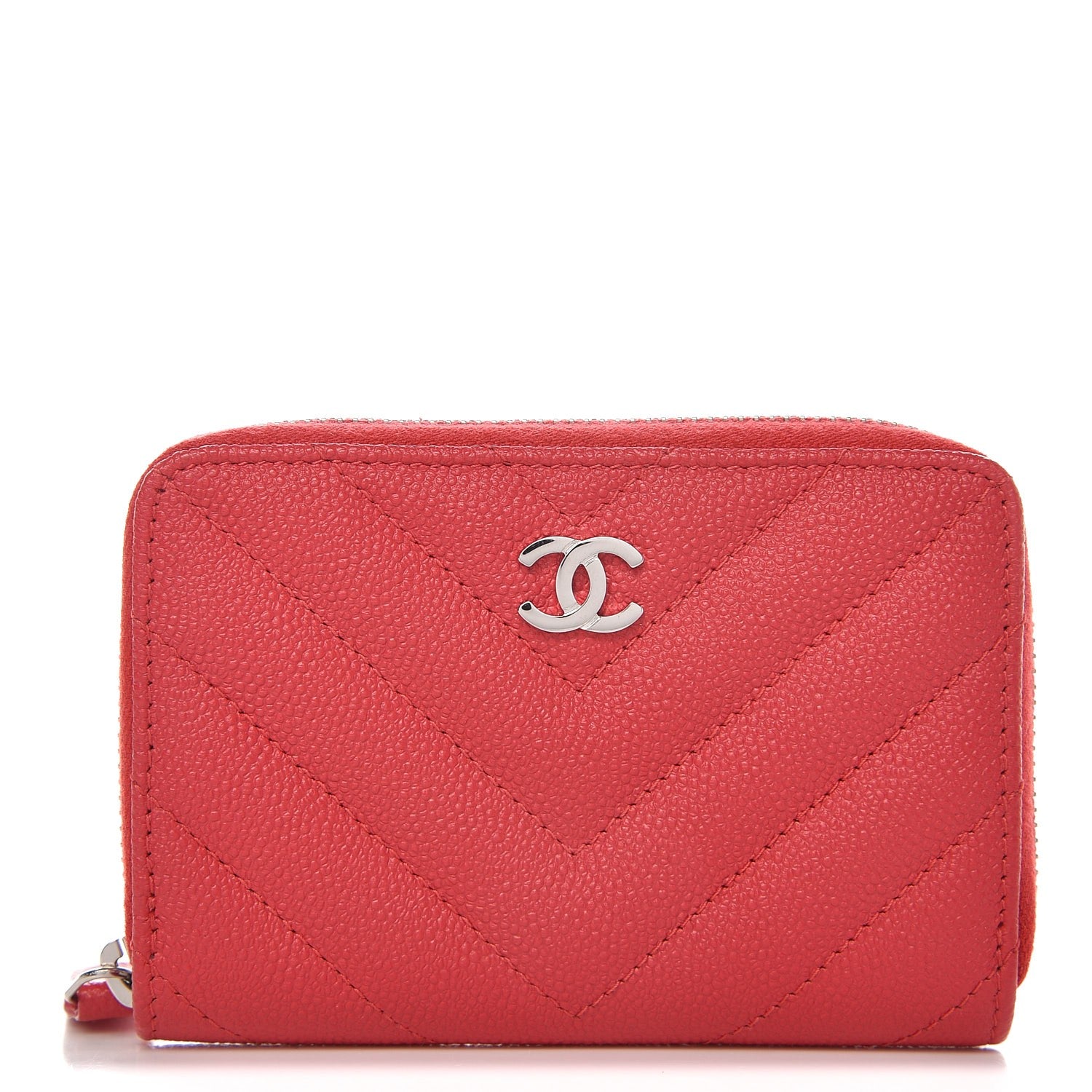 Chanel Caviar Chevron Quilted Zip Coin Purse Dark Pink 2 of 14