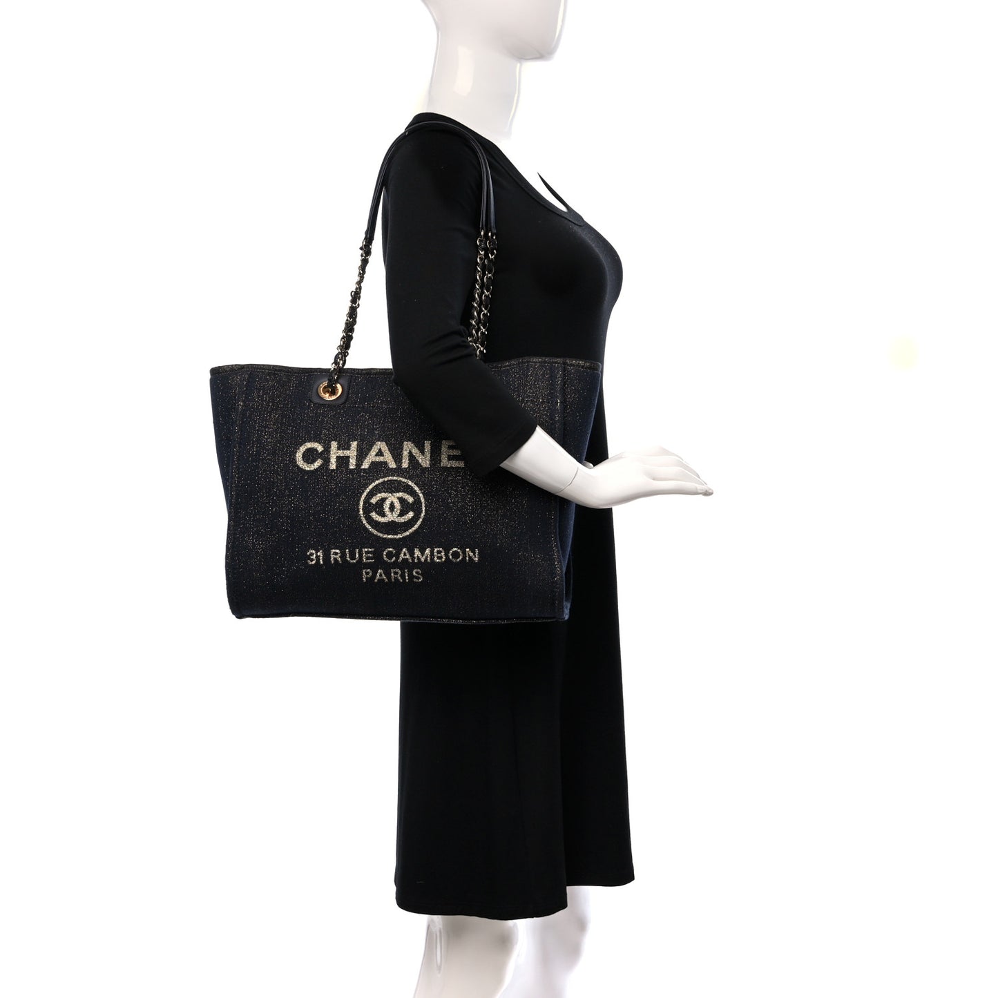 Lurex Canvas Small Deauville Tote Navy Blue Gold
