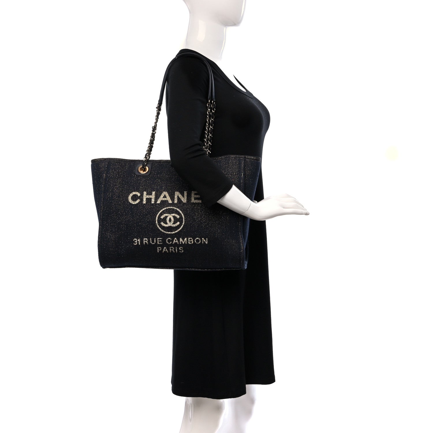 Chanel Lurex Canvas Small Deauville Tote Navy Blue Gold 2 of 10