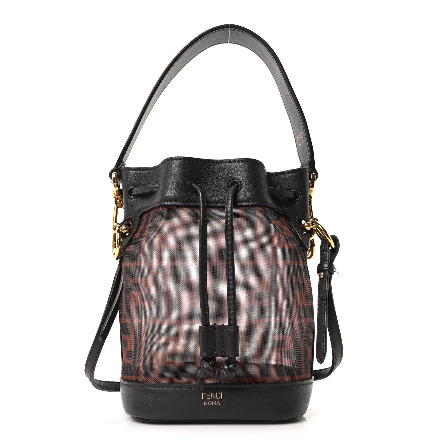 Fendi Mesh Vitello Grace F is Fendi FF 1974 Mini Mon Tresor Bucket Bag Marrone Black Ebano 1 of 10