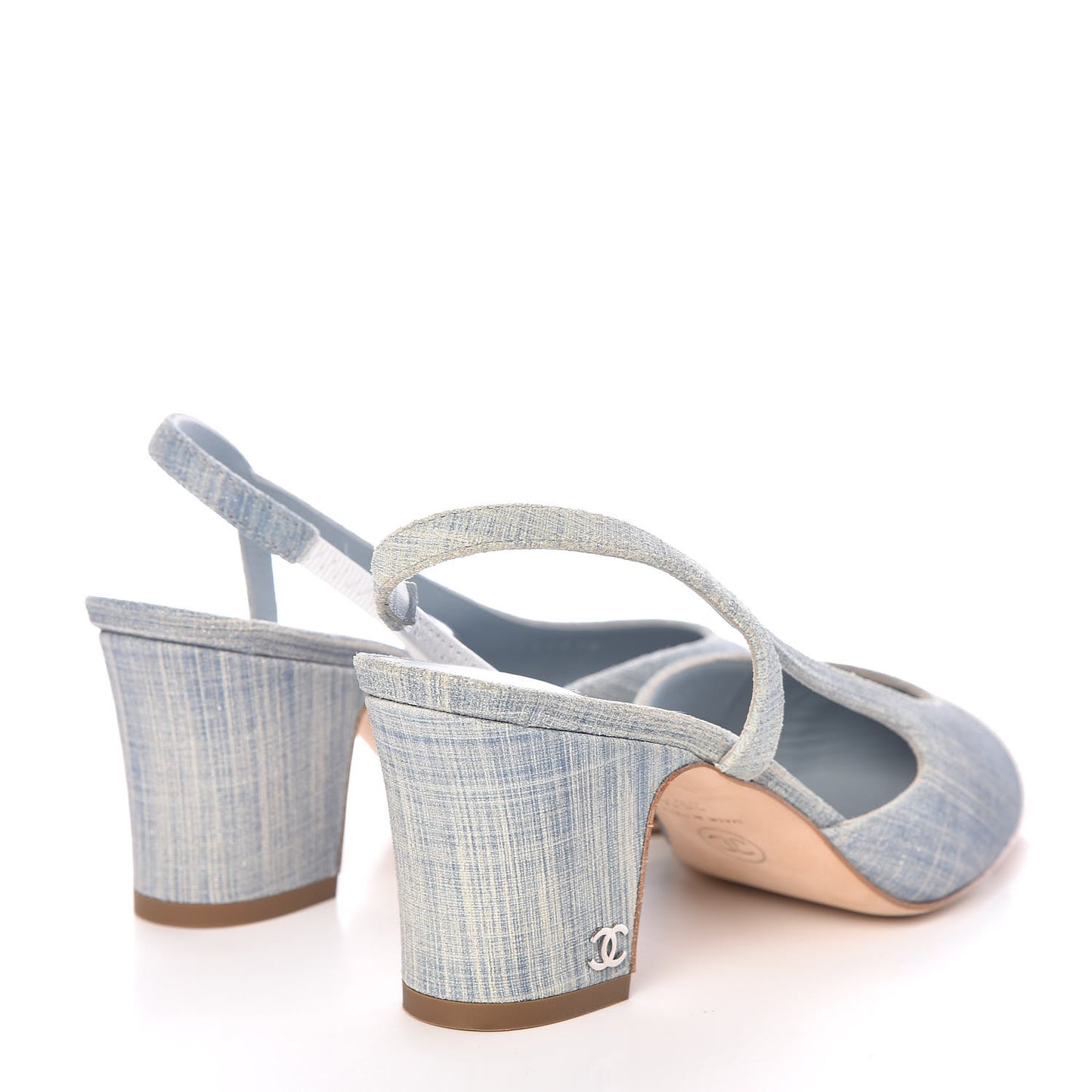Denim Lambskin Cap Toe CC Slingback Pumps 35.5 Light Blue White