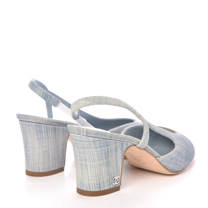 Chanel Denim Lambskin Cap Toe CC Slingback Pumps 35.5 Light Blue White 4 of 9