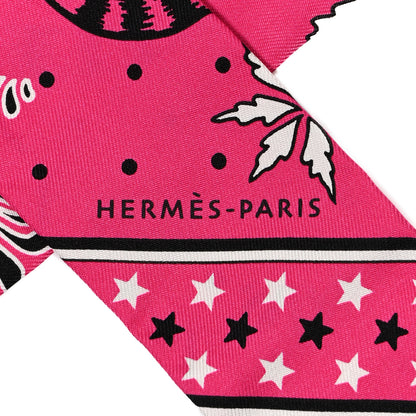 Hermes Silk Les Leopards Twilly Rose Vif Black White 2 of 4