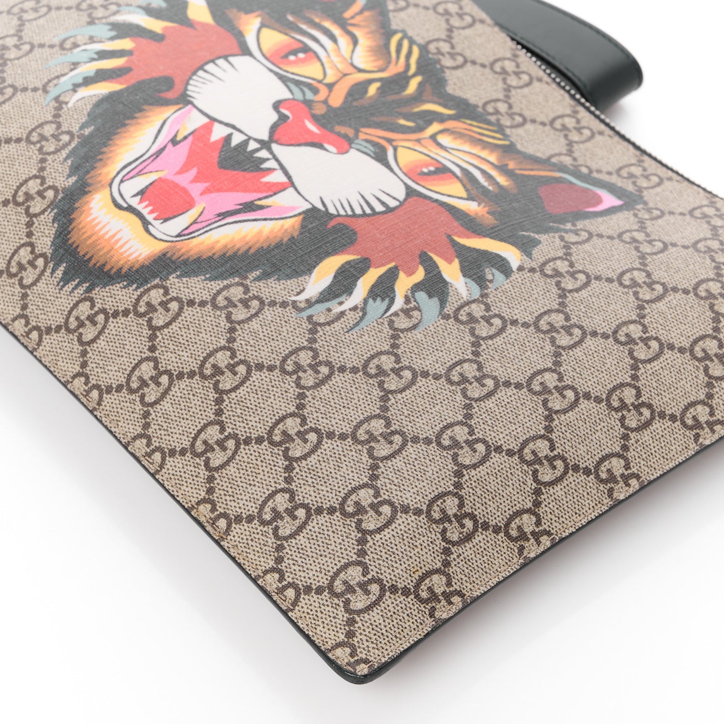 GG Supreme Monogram Angry Cat Zip Wristlet Pouch Beige