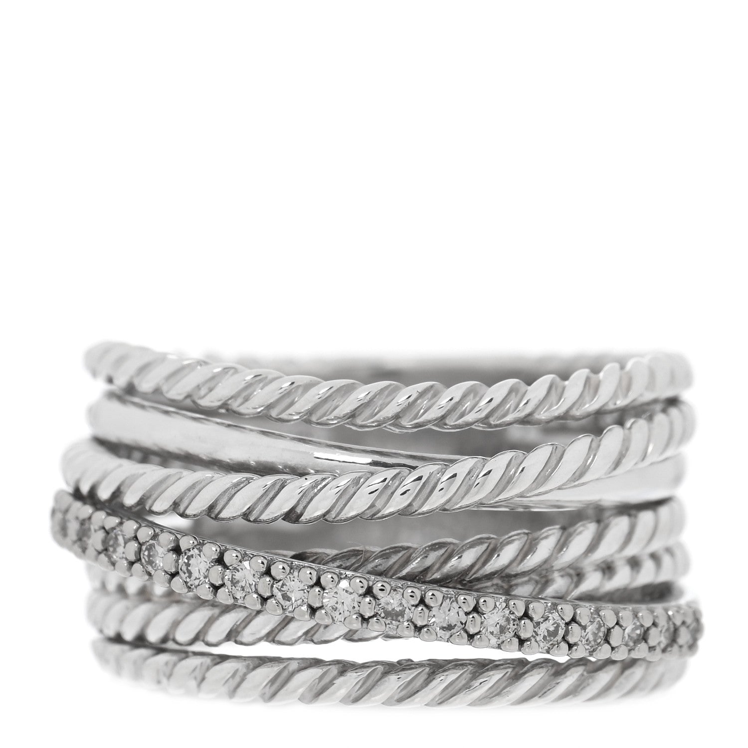 David Yurman Sterling Silver Diamond 11mm Wide Crossover Cable Ring 52 6 1 of 4