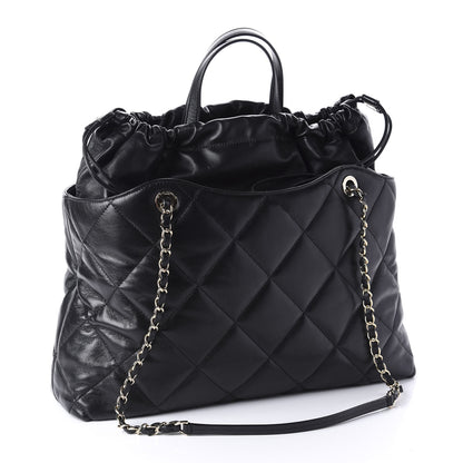 Chanel Lambskin Quilted Drawstring Shopping Bag Black 2 of 11