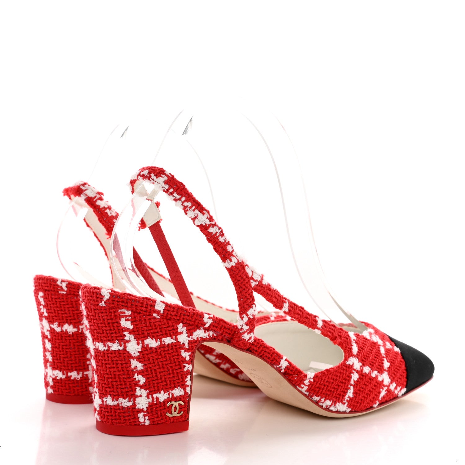Chanel Tweed Grosgrain Cap Toe CC Slingback Pumps 39.5 Red White 4 of 11