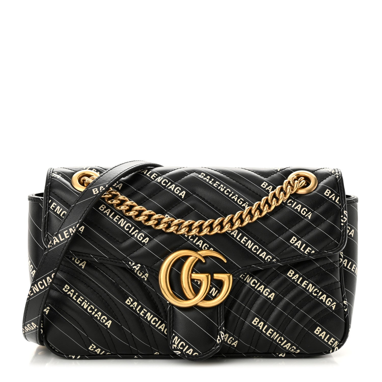 Gucci X BALENCIAGA Calfskin Matelasse Logo Print Small GG Marmont Shoulder Bag Black 1 of 14