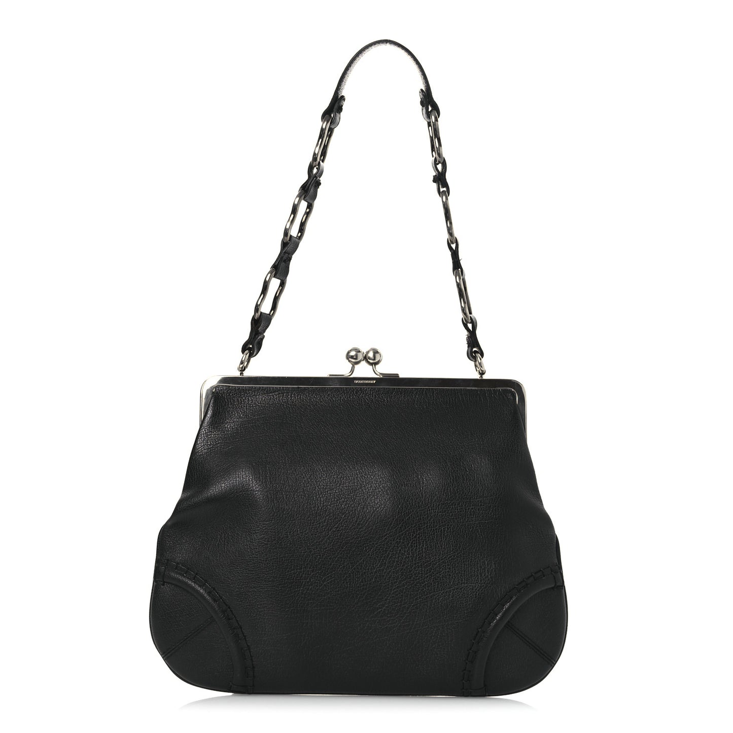 Goatskin Kiss Lock Frame Shoulder Bag Black