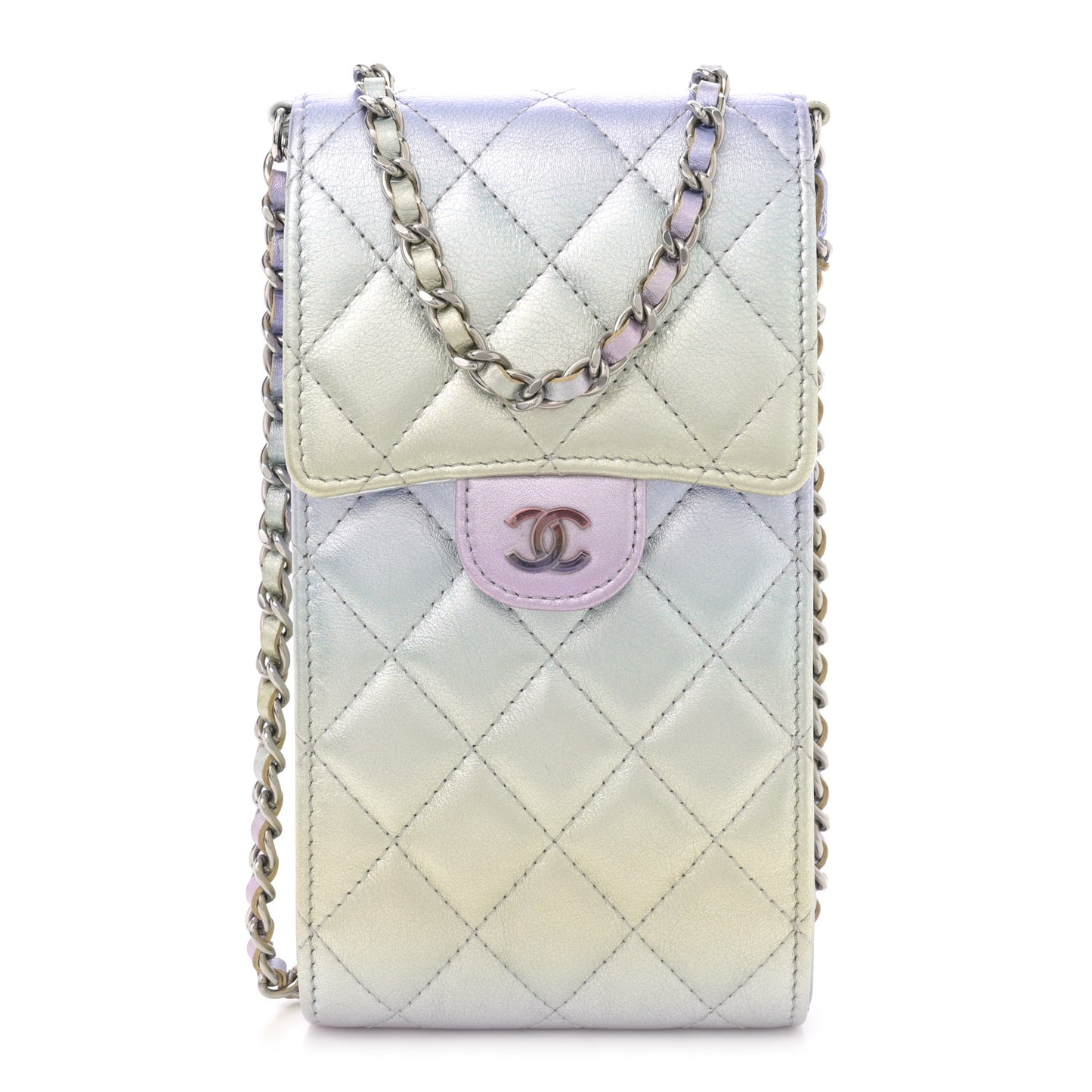 Gradient Metallic Calfskin Quilted CC Phone Holder Silver Blue Yellow Purple