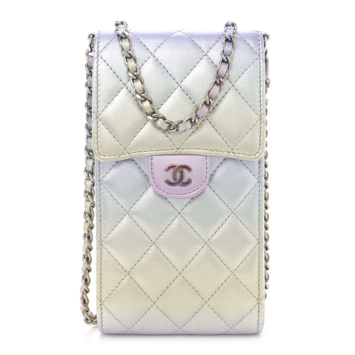 Chanel Gradient Metallic Calfskin Quilted CC Phone Holder Silver Blue Yellow Purple 1 of 10