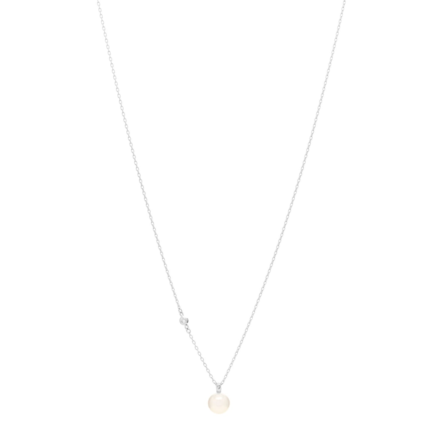 18K White Gold Diamond Akoya Pearl 7mm Station Pendant Necklace