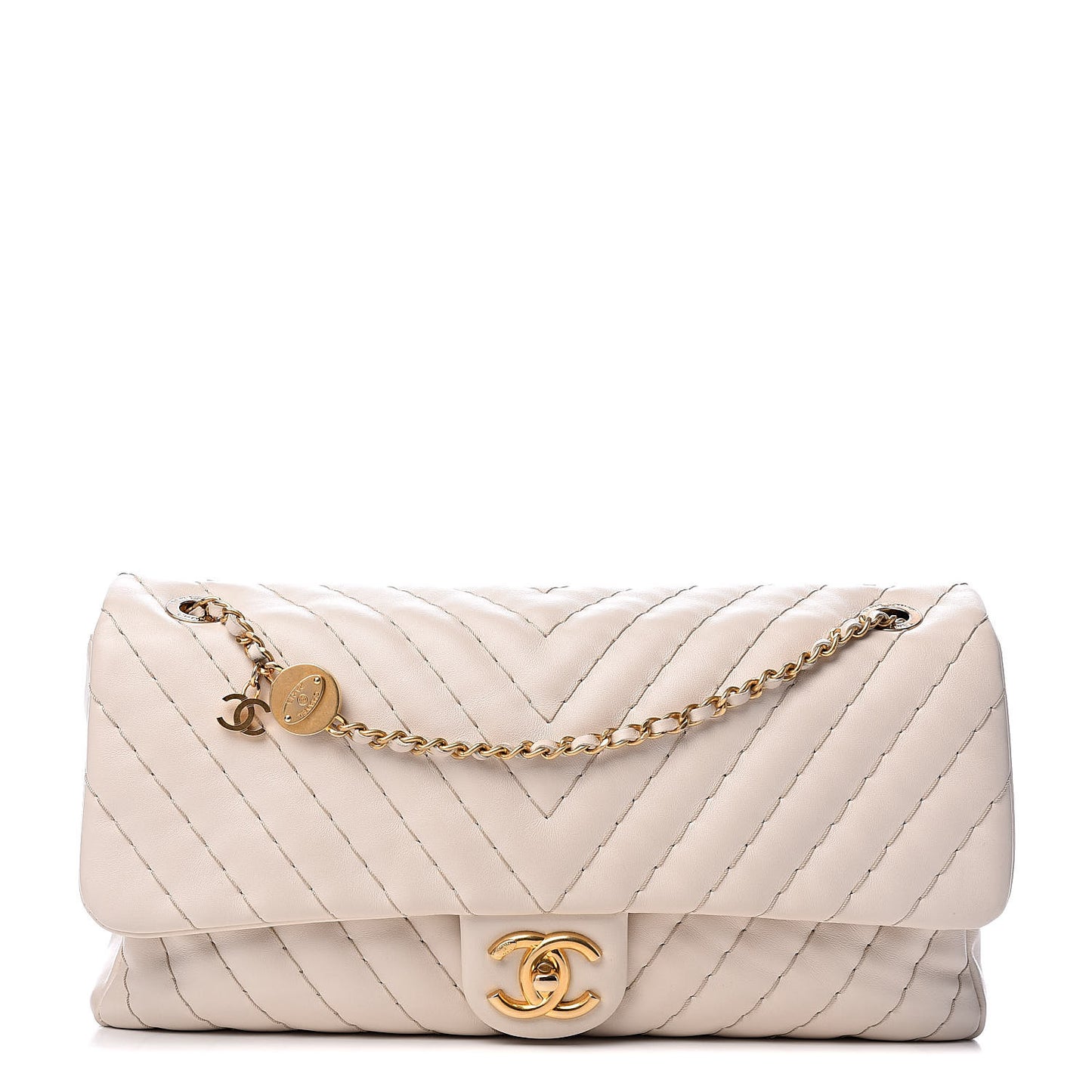 Calfskin Surpique Chevron Large Flap Beige