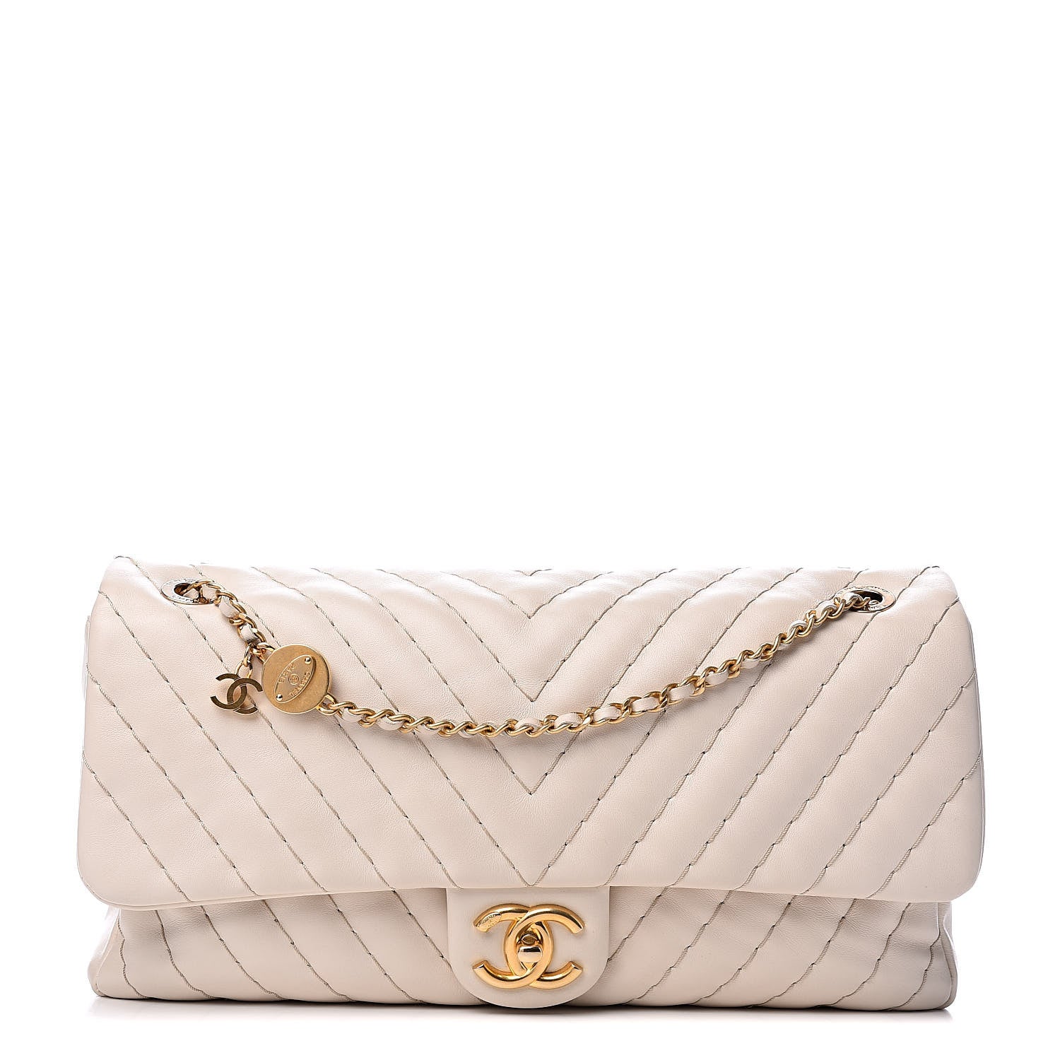 Chanel Calfskin Surpique Chevron Large Flap Beige 1 of 10