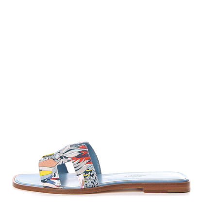 Hermes Cotton Canvas Oran Sandals 37 Multicolor Bleu Dorset 1 of 7