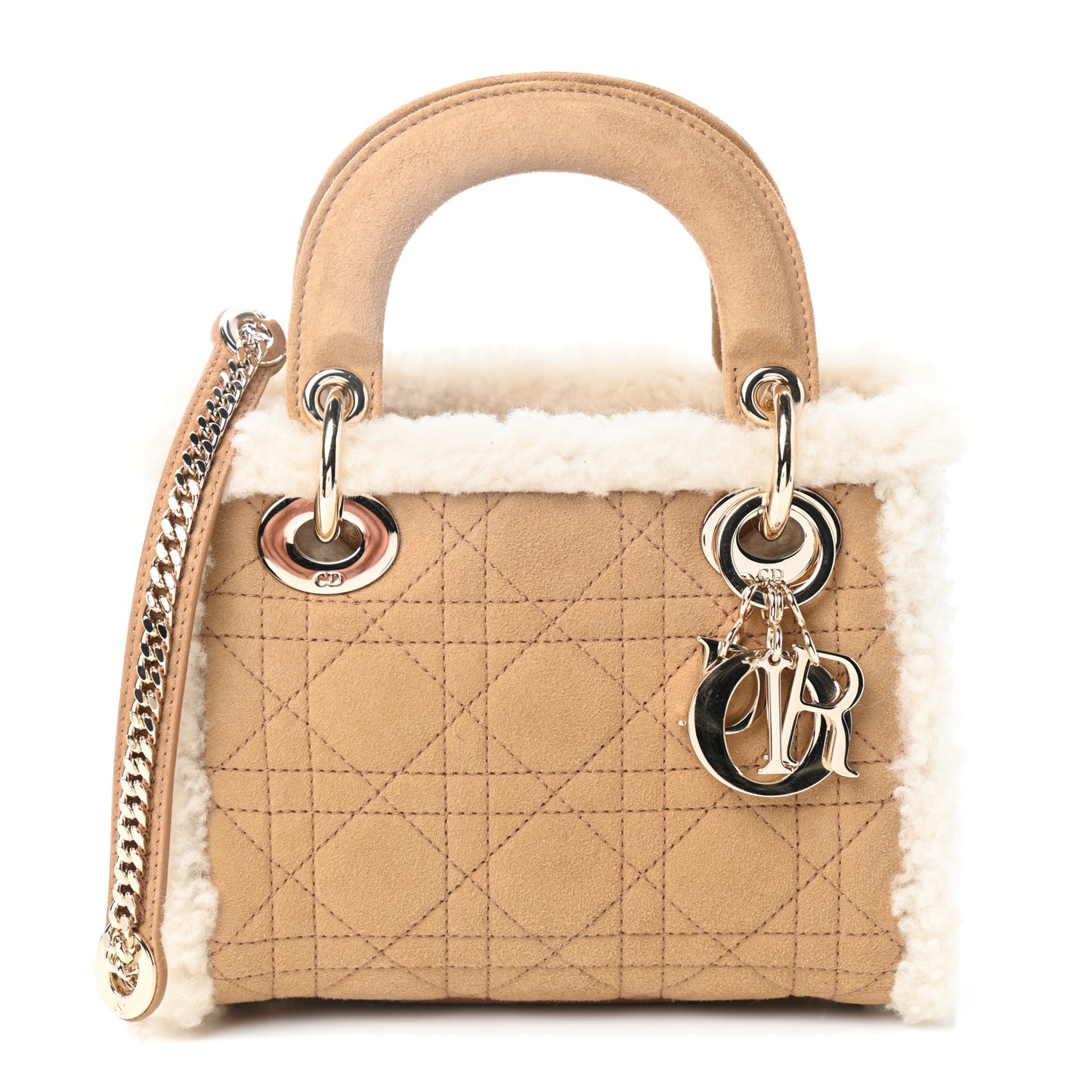 Suede Shearling Cannage Mini Lady Dior Camel