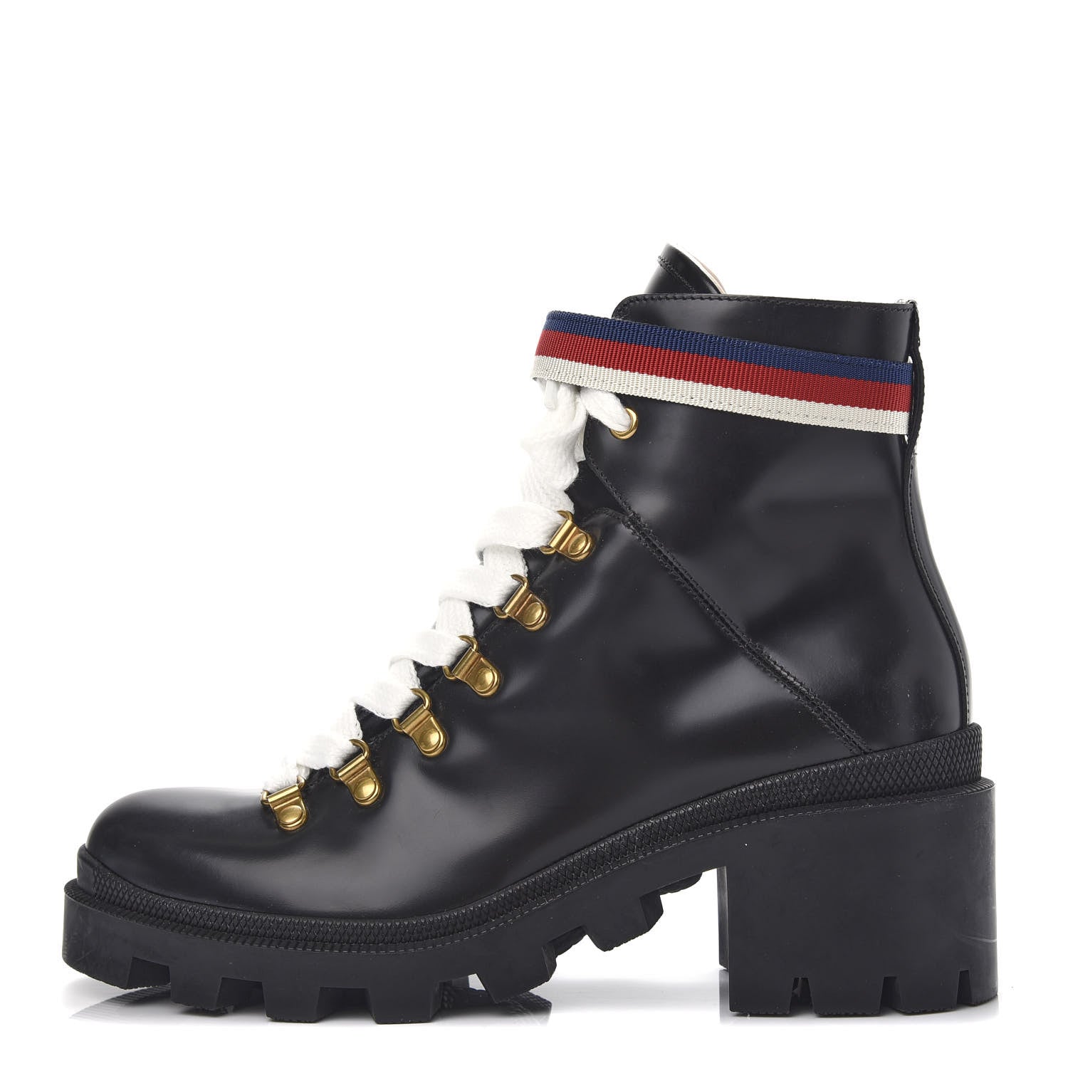 Gucci Calfskin Sylvie Web Lace Up Combat Boots 38 Black 1 of 11