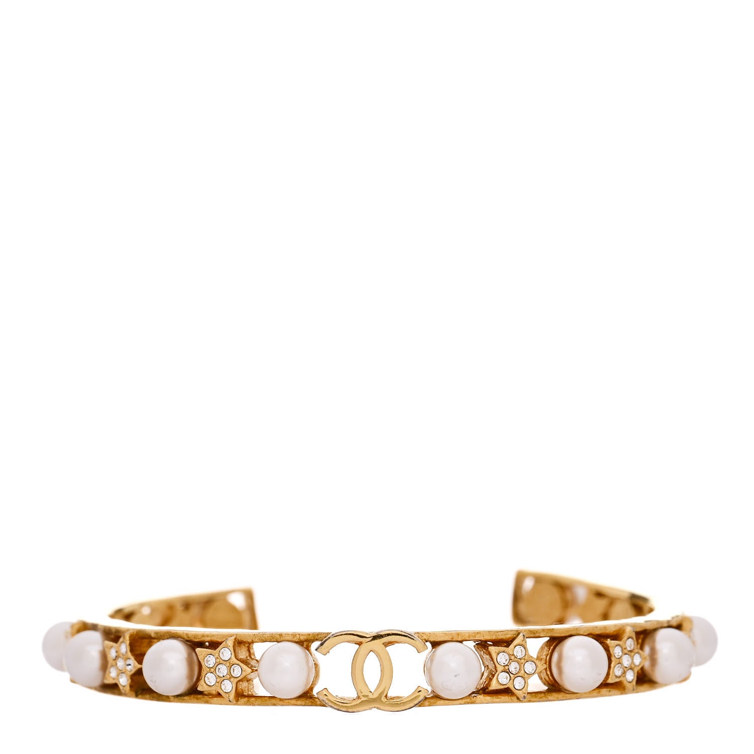 Chanel Pearl Crystal CC Star Cuff Bracelet S Gold 1 of 6