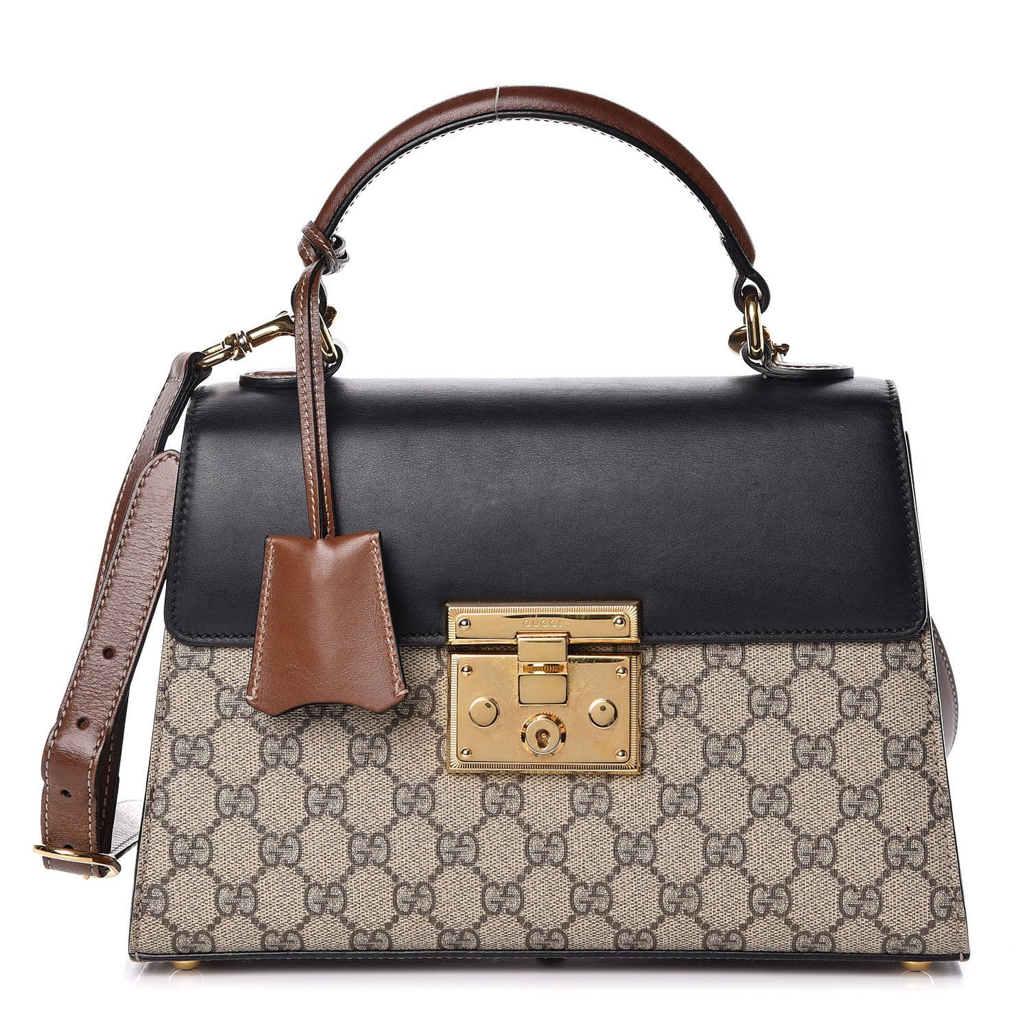 GG Supreme Monogram Calfskin Small Padlock Top Handle Bag Beige Black Cuir