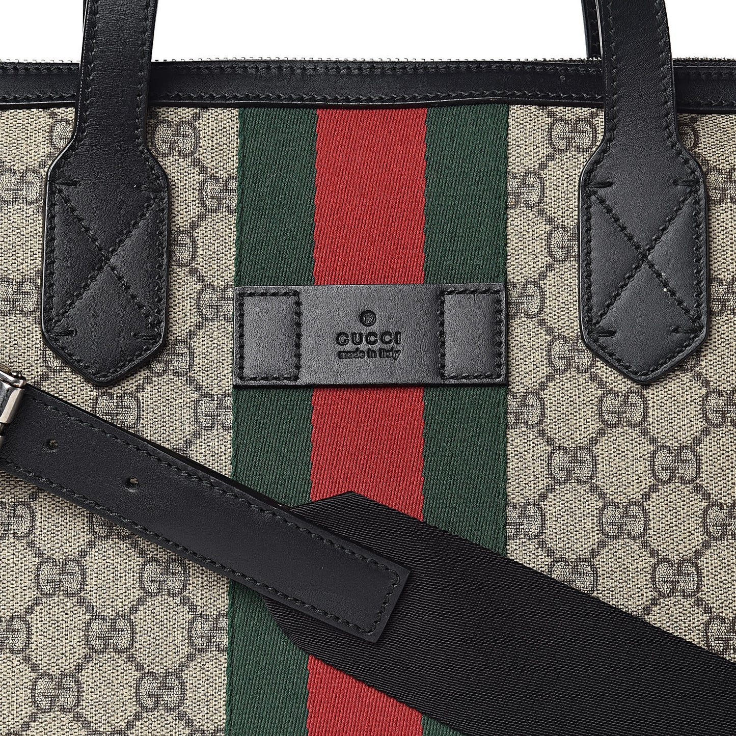 GG Supreme Monogram Web Medium Zippered Tote Beige Black