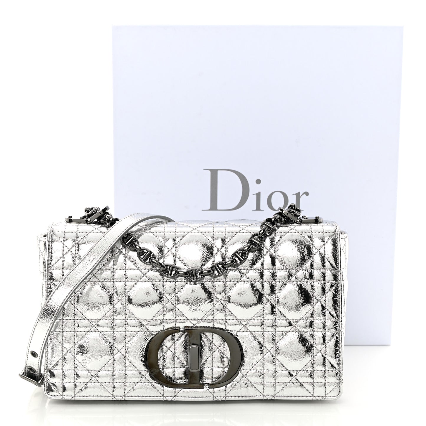 Metallic Calfskin Cannage Medium Caro Bag Argent