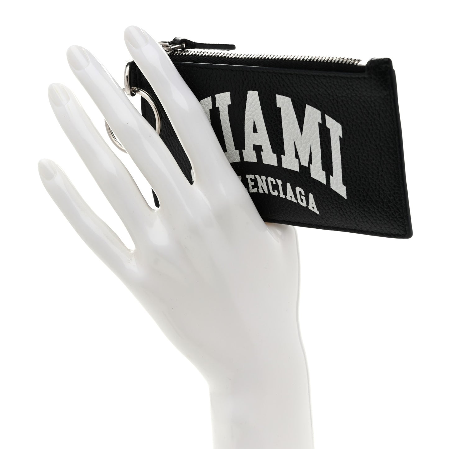 Grained Calfskin Miami Logo Cash Coin Card Holder On Keychain Black