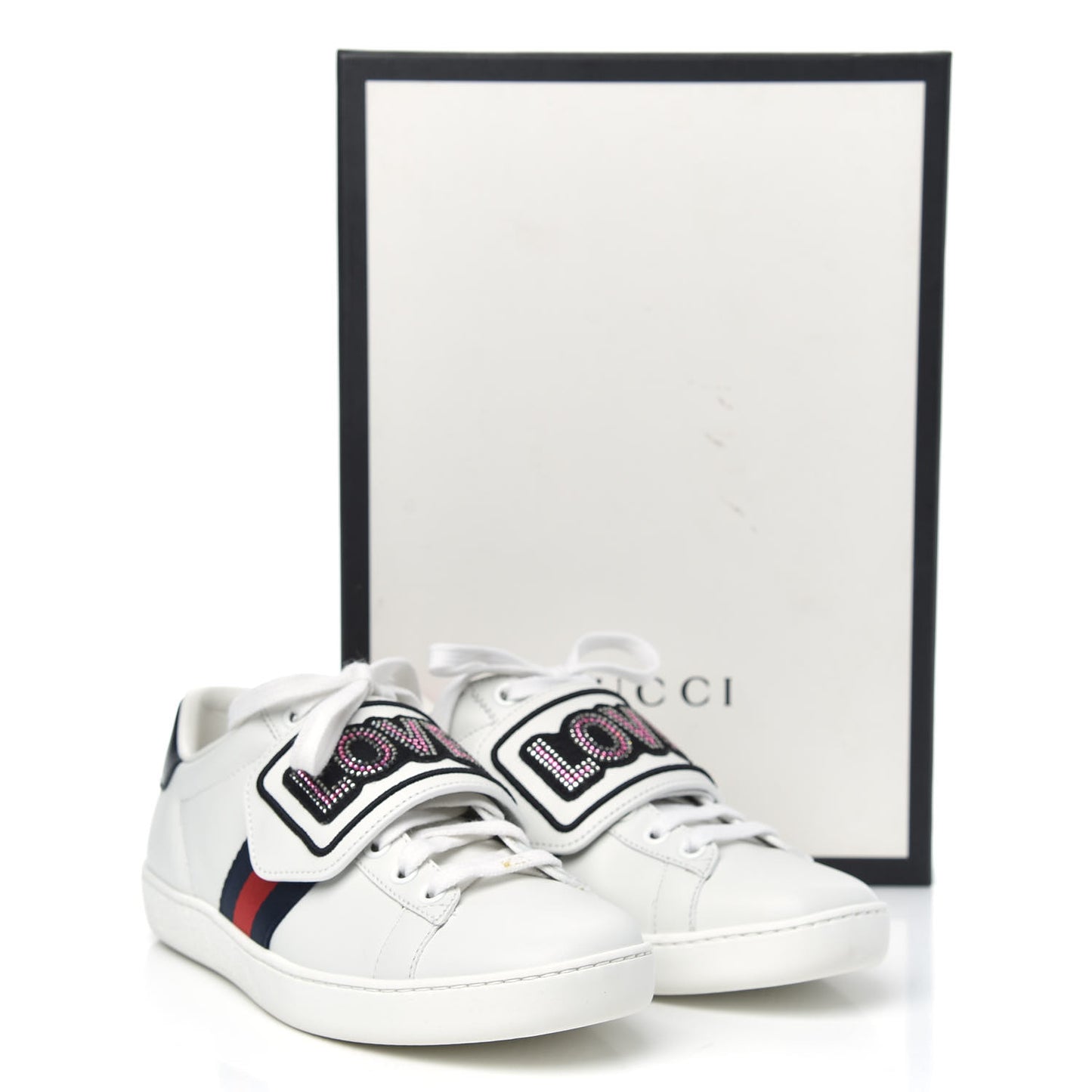 Calfskin Crystal Web LOVED Embroidered Womens Ace Sneakers 35.5 White