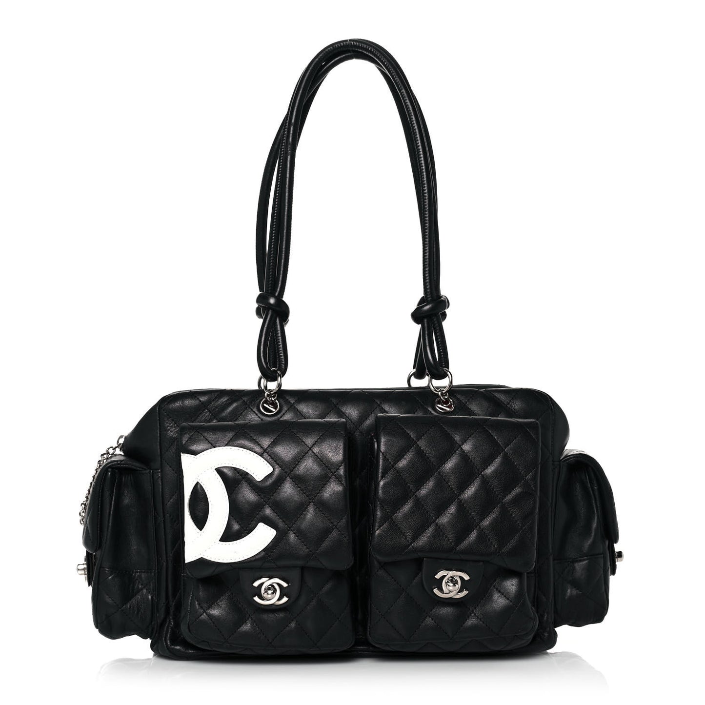Calfskin Quilted Large Cambon Multipocket Reporter Black White