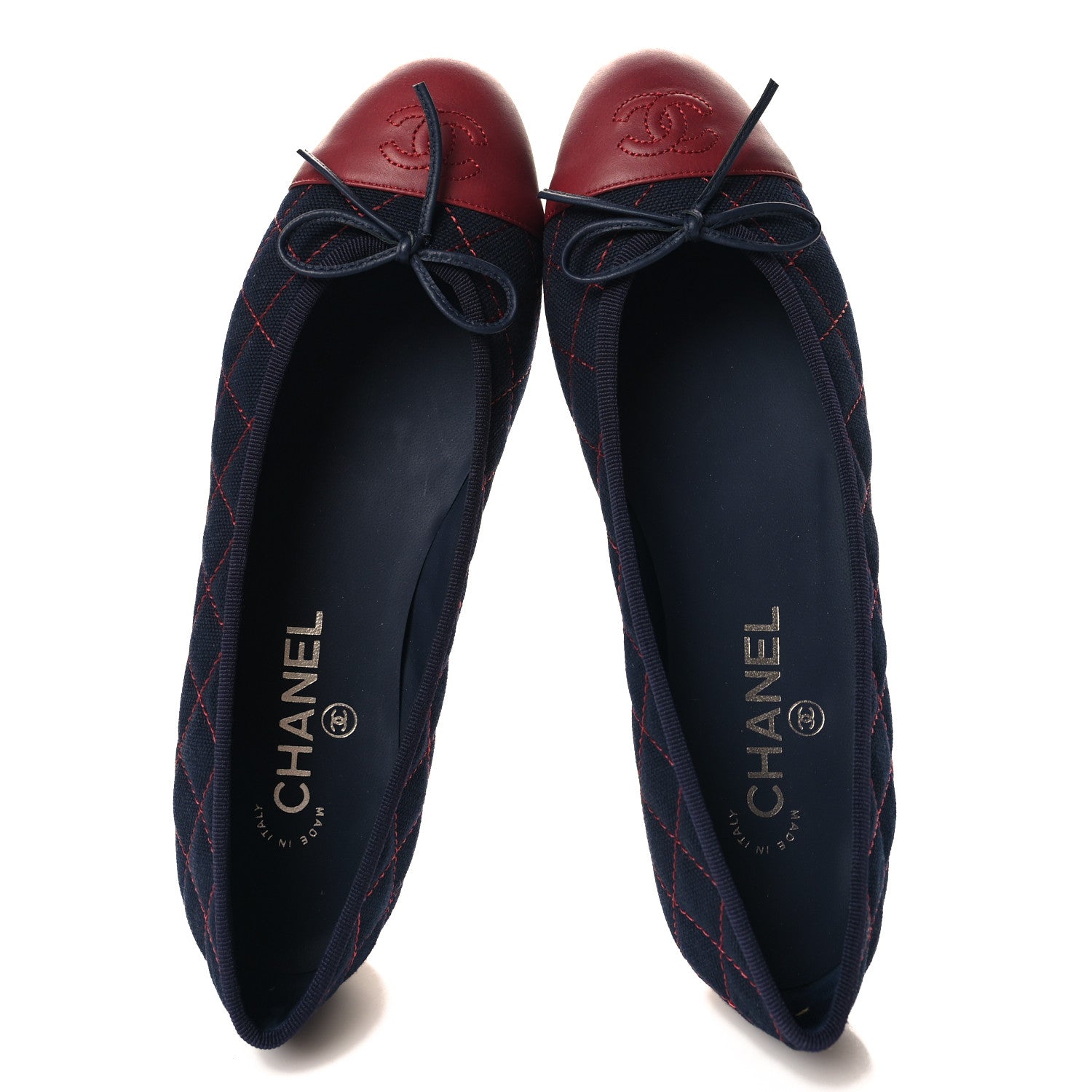 Chanel Canvas Calfskin Quilted Cap Toe CC Ballerina Flats 38.5 Navy Red 2 of 11
