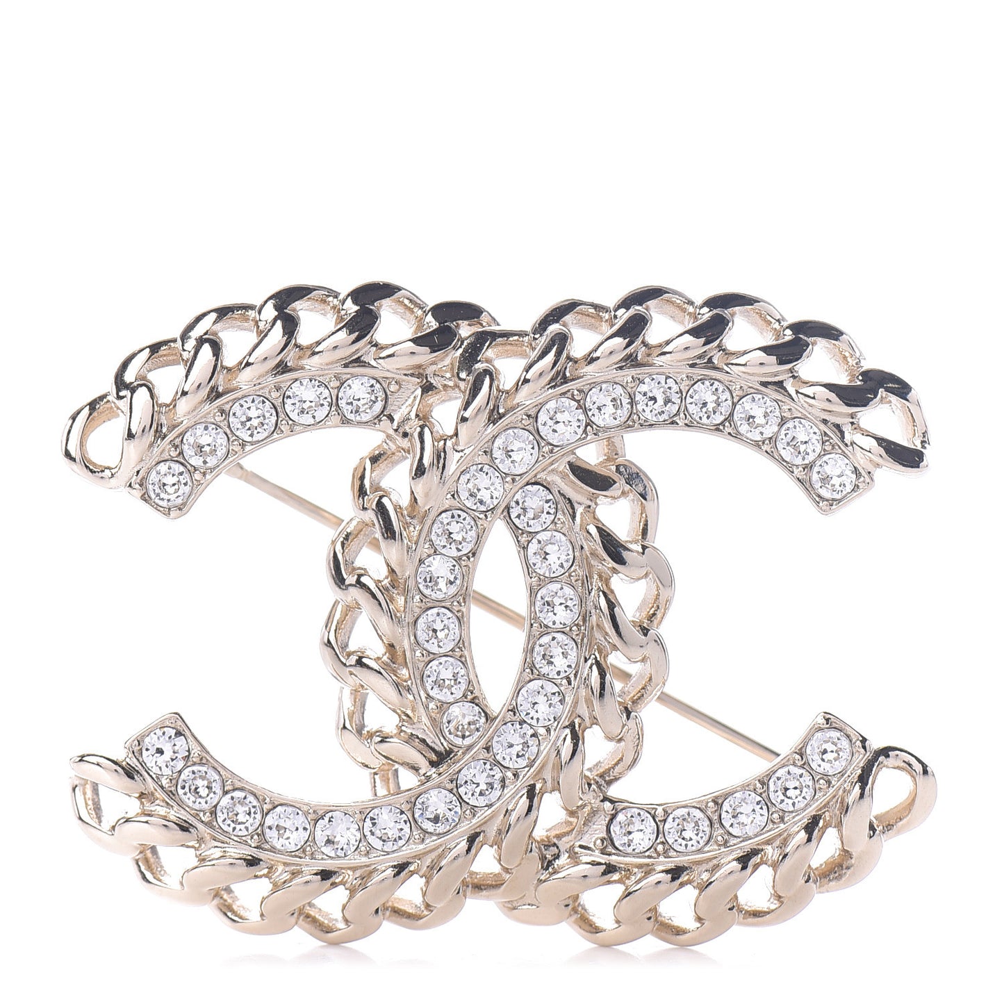 Crystal Chain CC Brooch Gold