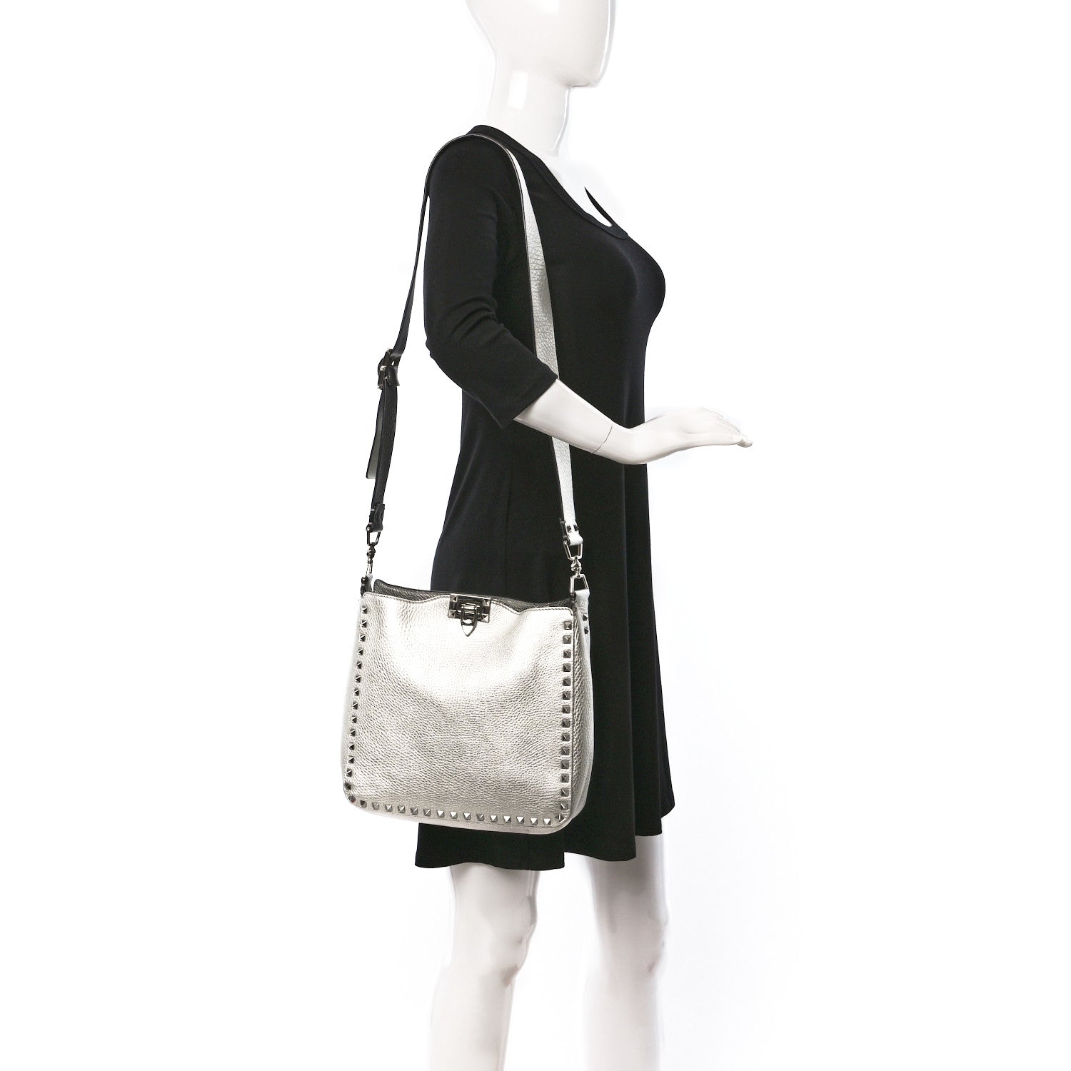 Valentino Garavani Metallic Pebbled Calfskin Small Rockstud Flip-Lock Messenger Bag Silver 2 of 12