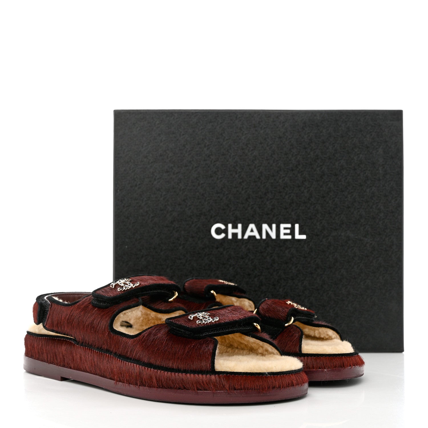 Chanel Calf Hair Suede Shearling Dad Sandals 40 Burgundy Black 9 of 9