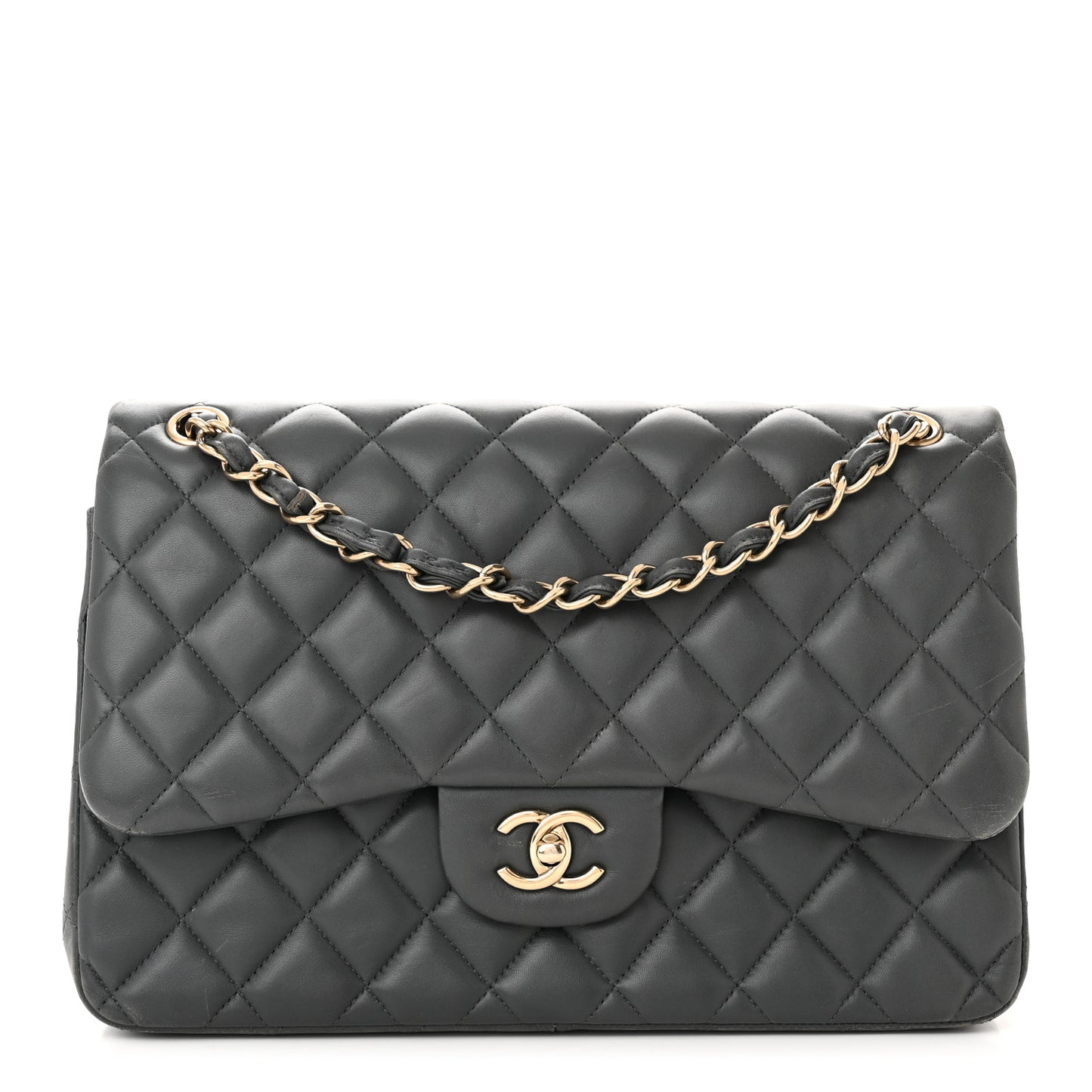 Lambskin Quilted Jumbo Double Flap Dark Grey