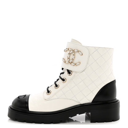 Chanel Shiny Goatskin Calfskin Quilted Lace Up Combat Boots 39 White Black 1 of 10