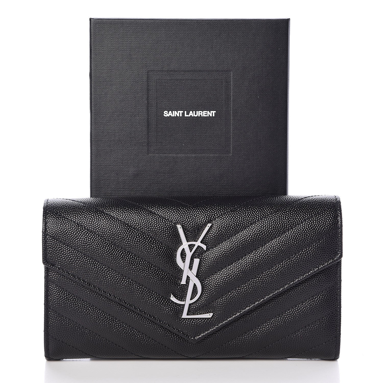 Saint Laurent Grain De Poudre Matelasse Chevron Monogram Flap Wallet Black 7 of 7