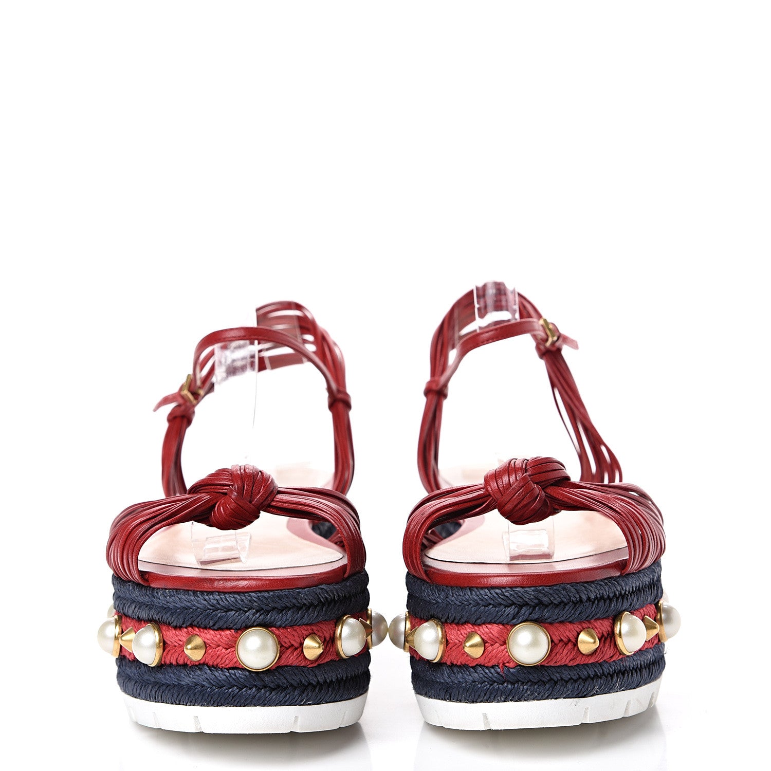 Gucci Raffia Calfskin Pearl Embellished Barbette Espadrille Sandals 39 Red 2 of 7