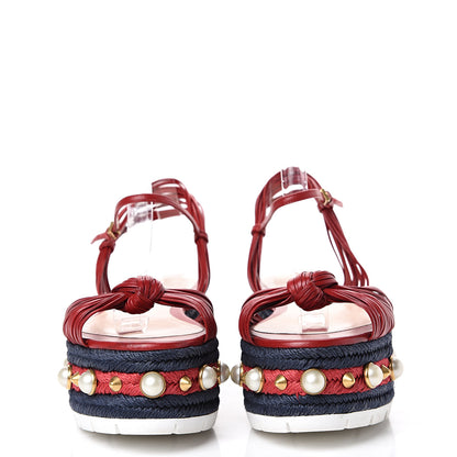 Gucci Raffia Calfskin Pearl Embellished Barbette Espadrille Sandals 39 Red 2 of 7