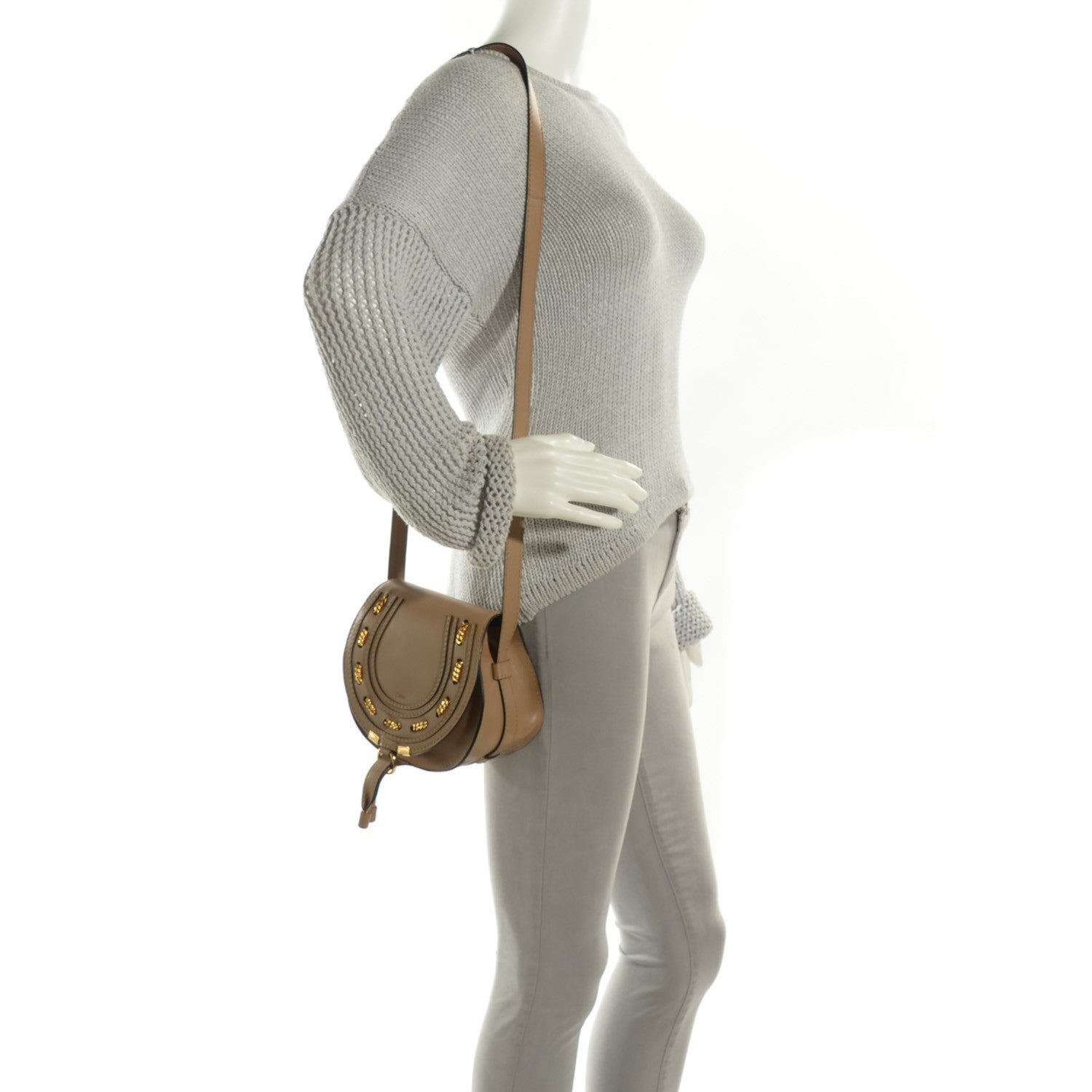 Chloe Calfskin Mini Marcie Chain Round Crossbody Bag Chestnut Cream 2 of 9