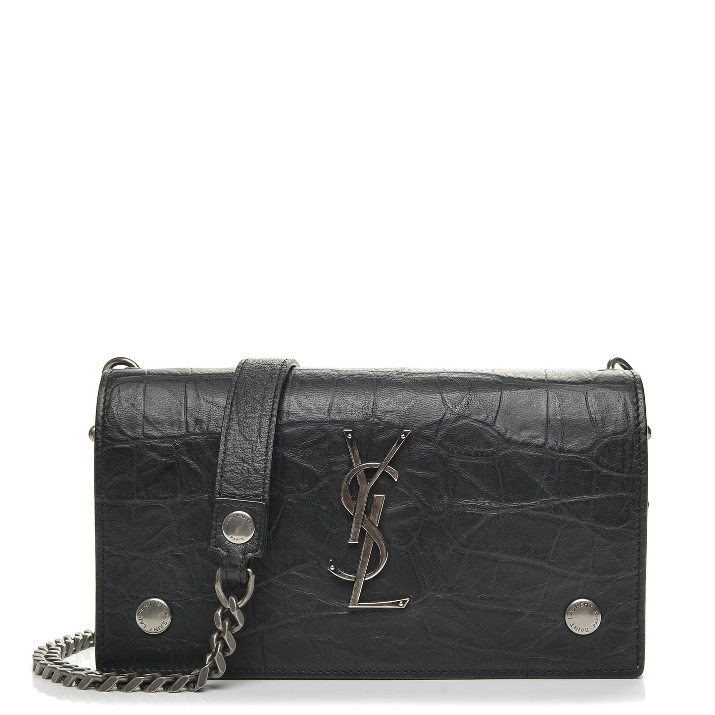 Calfskin Crocodile Embossed Monogram Chain Wallet Black