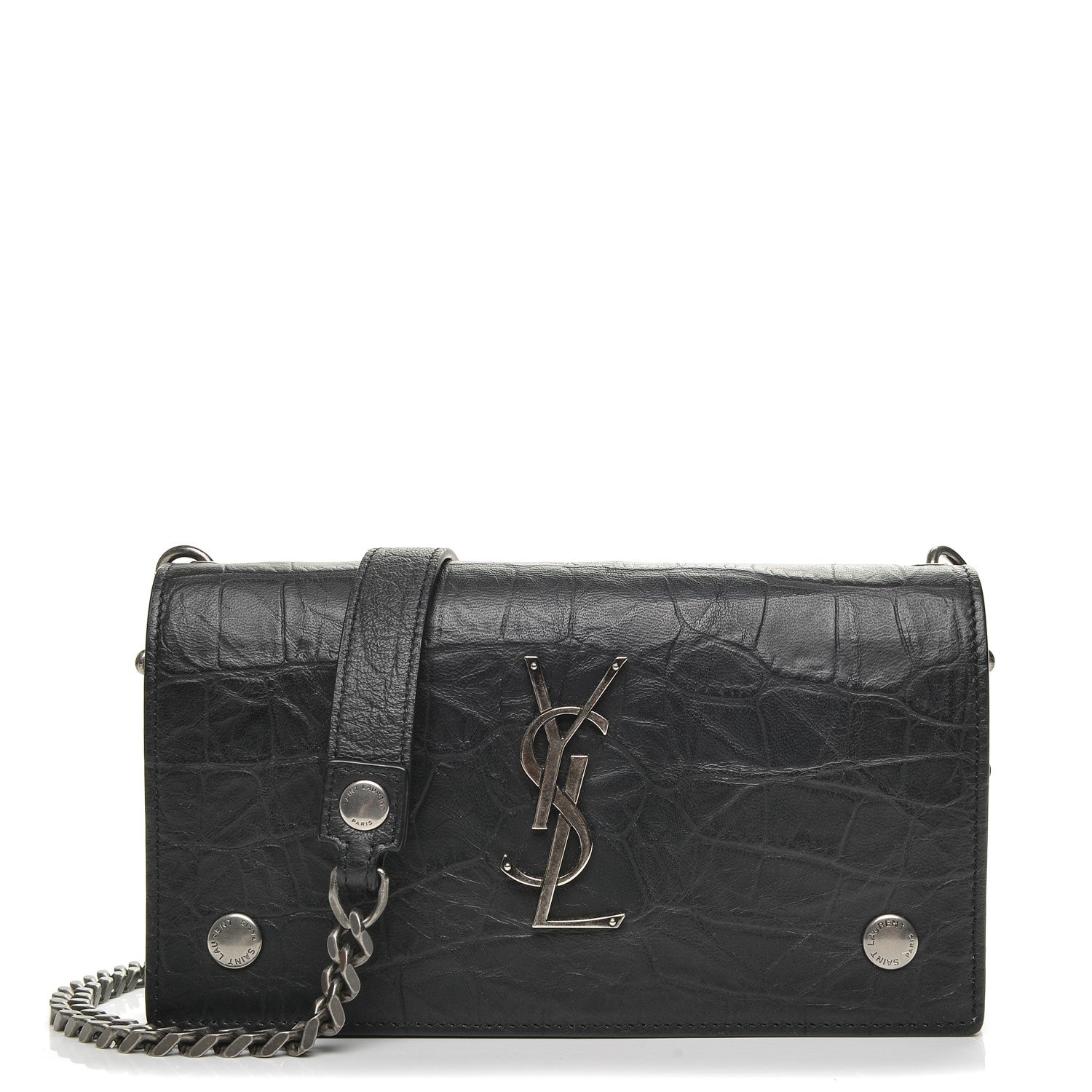 Saint Laurent Calfskin Crocodile Embossed Monogram Chain Wallet Black 1 of 6
