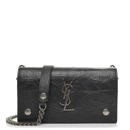Saint Laurent Calfskin Crocodile Embossed Monogram Chain Wallet Black 1 of 6