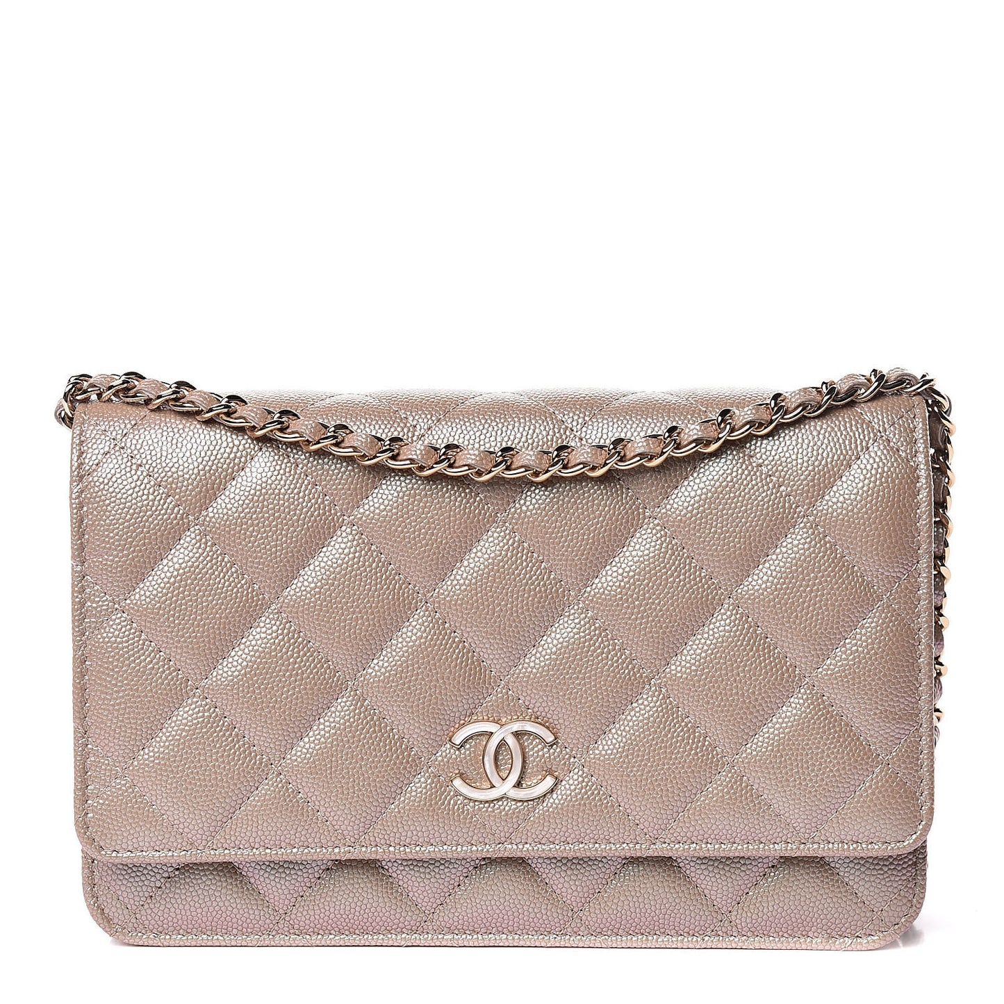 Iridescent Caviar Quilted Wallet On Chain WOC Beige