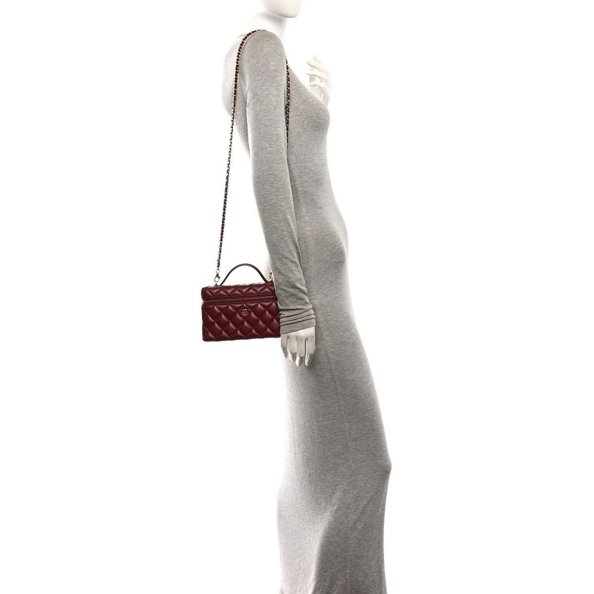Lambskin Quilted Top Handle Slim Vanity With Chain Burgundy