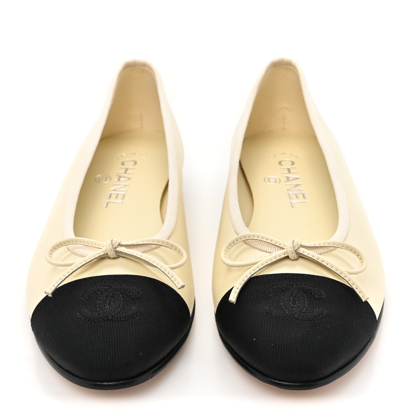 Calfskin Grosgrain Cap Toe CC Ballerina Flats 37 Ivory Black