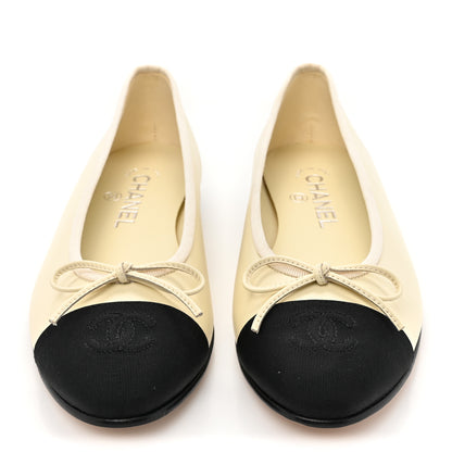Chanel Calfskin Grosgrain Cap Toe CC Ballerina Flats 37 Ivory Black 2 of 10