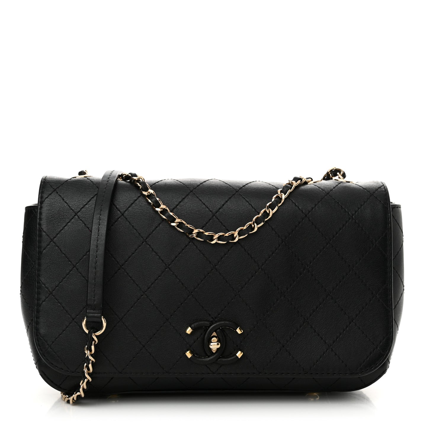 Calfskin Stitched Medium Covered CC Flap Bag Black