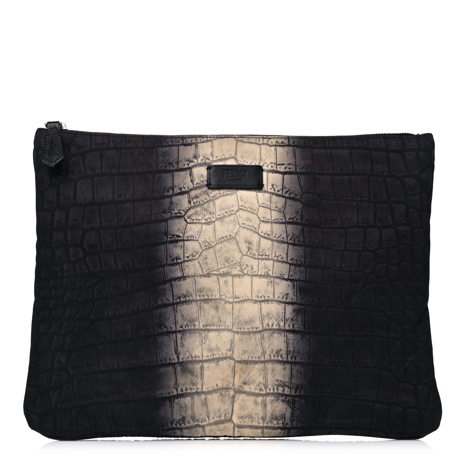 Fendi Canvas Calfskin Crocodile Printed Pouch Clutch Black Multicolor 1 of 12