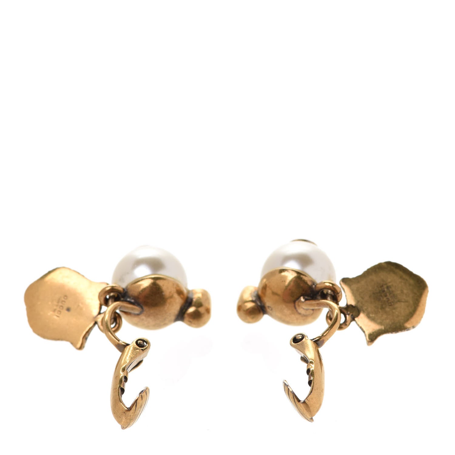 Gucci Metal Crystal Resin Pearl Feline Clip On Earrings Aged Gold 3 of 6