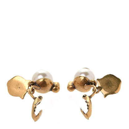 Gucci Metal Crystal Resin Pearl Feline Clip On Earrings Aged Gold 3 of 6