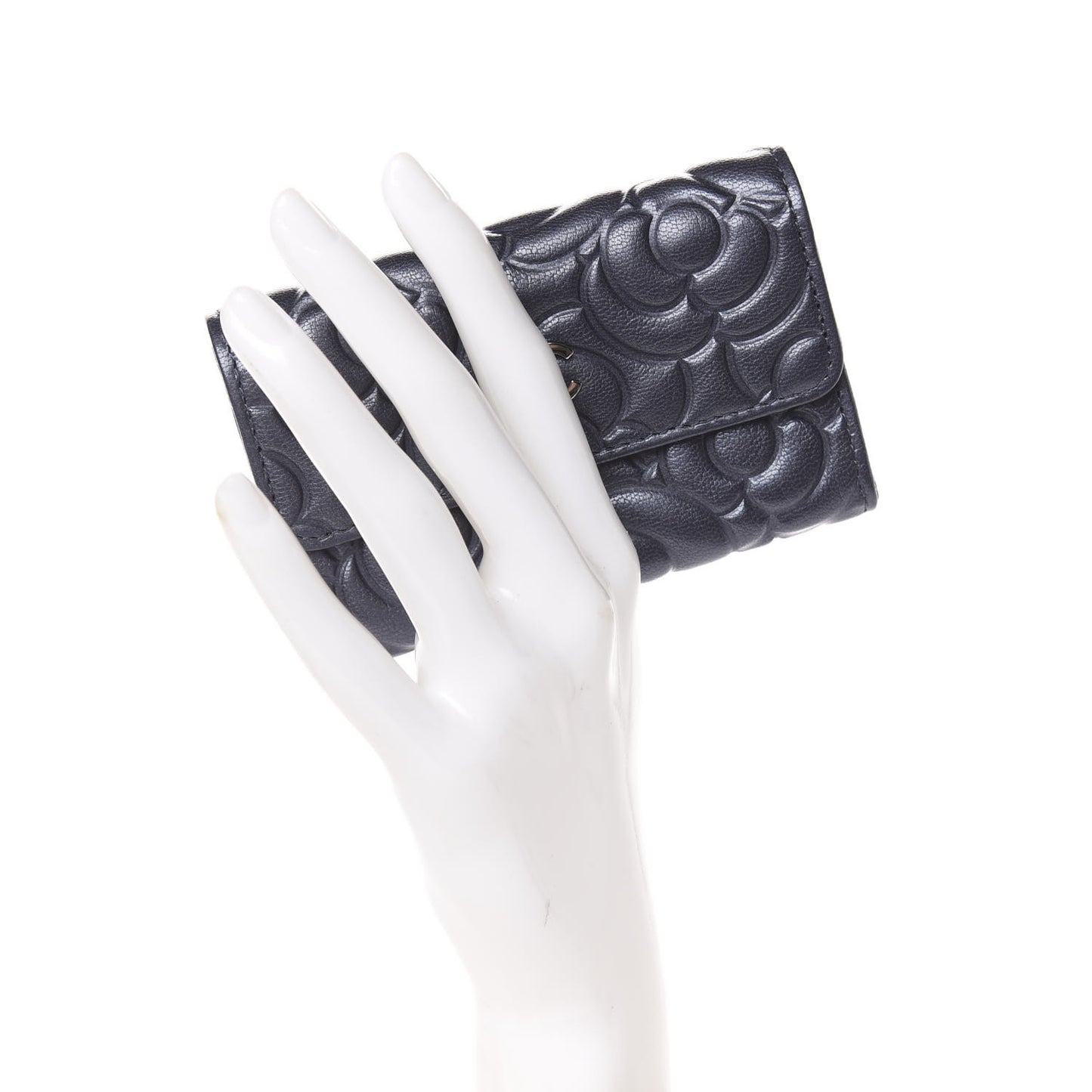 Goatskin Camellia Embossed Flap Card Holder Wallet Grey